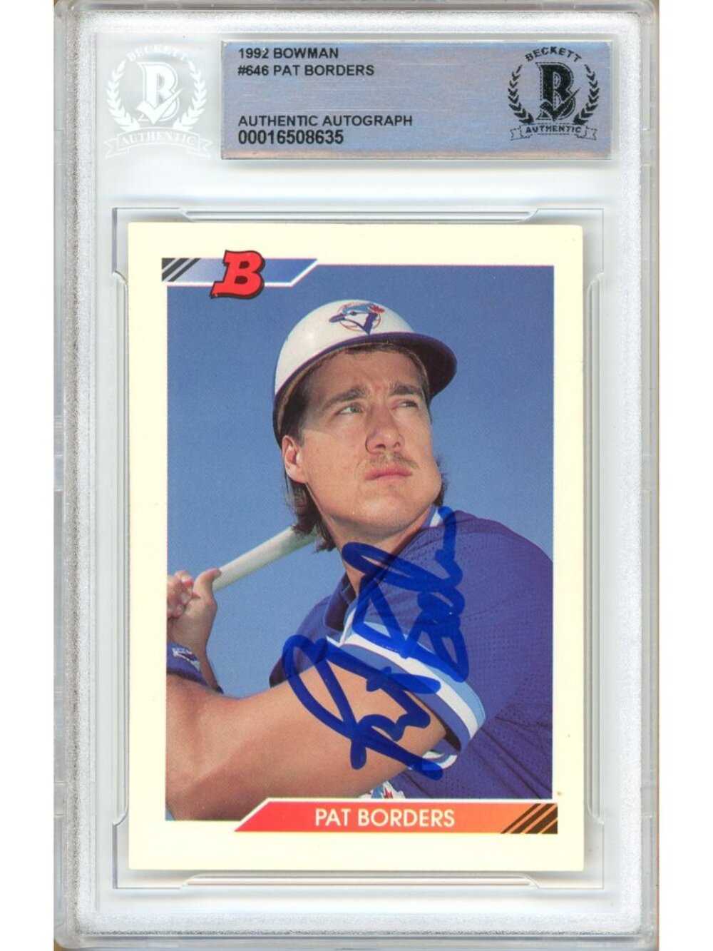 Pat Borders Signed 1992 Bowman #646 Toronto Blue Jays Beckett BAS Slab Auto MLB